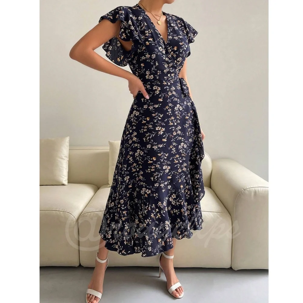 Boho Navy Blue Floral V neck Ruffle Hem Midi Length, A Line Wrap Style - Picture 7 of 10